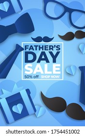 Father's Day Sale Promotion Poster or banner with cute blue heart by text inside and gift box for dad concept.Promotion and shopping template for Father's Day. Paper cut style. Vector illustration