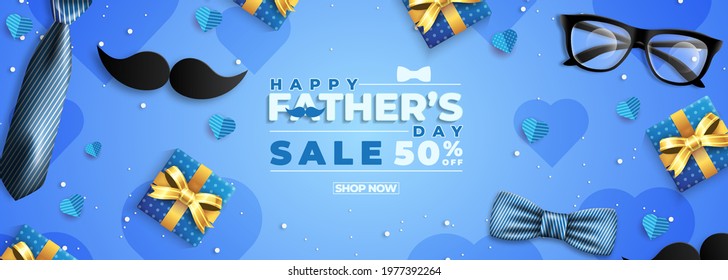 Father's Day Sale Promotion Poster or banner with open gift wrap paper concept. Promotion and shopping template for Father's Day. Vector illustration