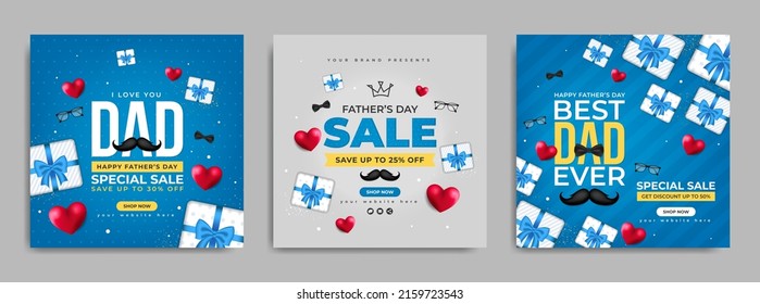 Fathers day sale promotion social media post template with love or heart balloon, gift box, business logo and icon. Fathers day celebration flyer or invitation banner. Marketing web poster background.