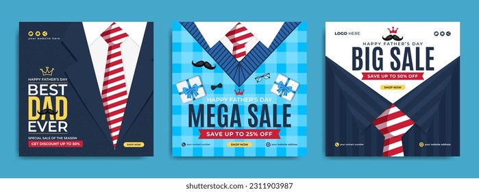 Promoción de venta del día de los padres, plantilla de publicación de banner en medios sociales. Banner web de marketing de negocios del día del padre con bigote, corbata y caja de regalo 3d. Cartel de la celebración del Día del Padre o portada del afiche de la invitación.