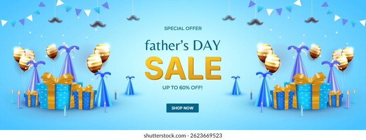 A Fathers Day sale promotional banner featuring presents, festive balloons, banners, and celebratory decor set against a cheerful blue background.
