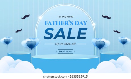 Fathers Day sale promotional image showing blue heart balloons, clouds, and discount details. Perfect for promotions and advertisements.