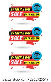 Fathers day sale red origami labels set. Sale 30%, 40%, 50% off discount. Vector illustration