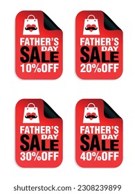 Fathers day sale red stickers set 10%, 20%, 30%, 40% off discount. Vector illustration