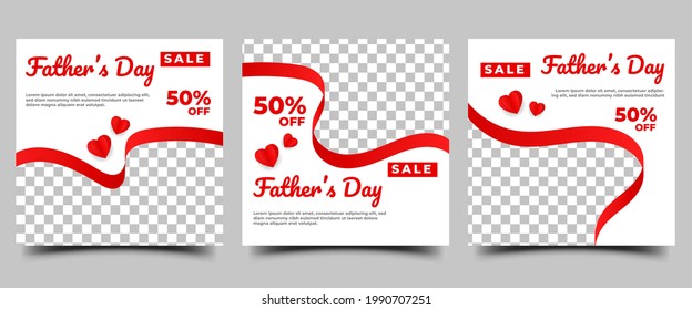 Father's day sale social media post template set. Modern promotion banner with a red frame. Usable for social media, banners, cards, and websites.