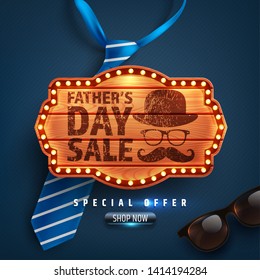 Father's Day Sale Special offer with vintage wooden board,blue necktie and glasses.Promotion and shopping template for Father's Day.Vector illustration EPS10