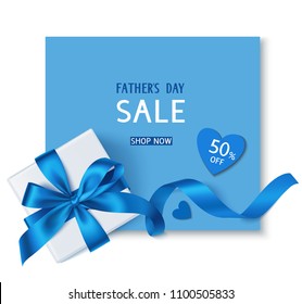 Fathers Day SALE template design. Holiday background with gift box, blue bow and long ribbon