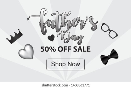 Father's Day Sale Vector Banner in white 
 grey background. Design elements silver balloon, black king crown, ribbon or bow tie, sunglasses. For banners, shops, eCommerce, promotions, ads.