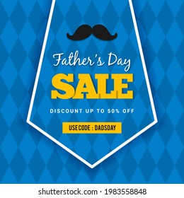 Father's day Sale vector illustration. Necktie shape on blue rhombic pattern background