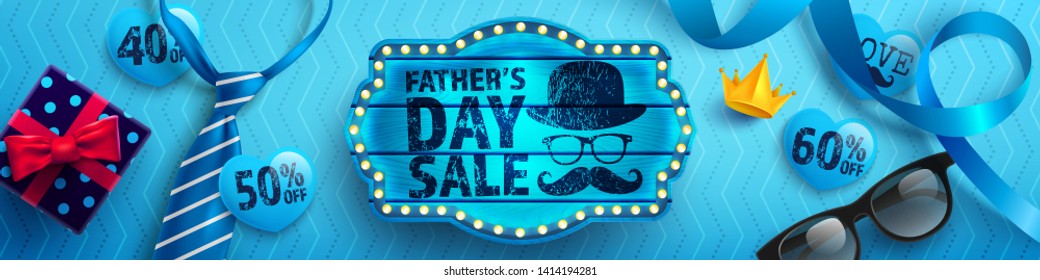 Father's Day Sale with vintage blue wooden board,blue necktie,glasses and gift box on blue background.Promotion and shopping template for Father's Day.Vector illustration EPS10