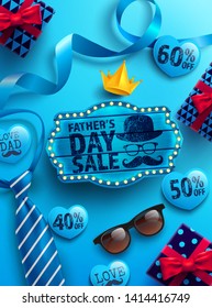 Father's Day Sale with vintage blue wooden board,blue necktie,glasses and gift box on blue background.Promotion and shopping template for Father's Day.Vector illustration EPS10