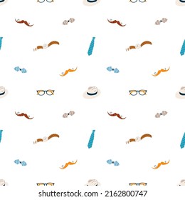 Father's Day seamless pattern background. Vector pattern with mustashe, neck tie, bow, glasses, hat, watch. Repeating texture for dad party