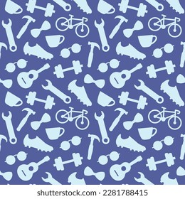 Father's Day seamless pattern with bow tie, eyeglasses, screwdriver, wrench, bike, guitar, coffee cup, soccer shoe, dumbbell, icons- vector illustration