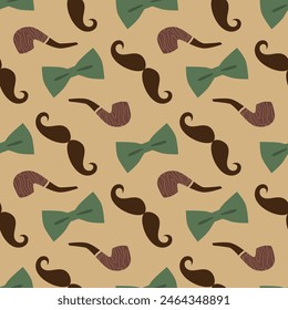 Father's day seamless pattern. Bow tie, mustache and tobacco pipe. Vector illustration for wrapping paper, background, greeting card