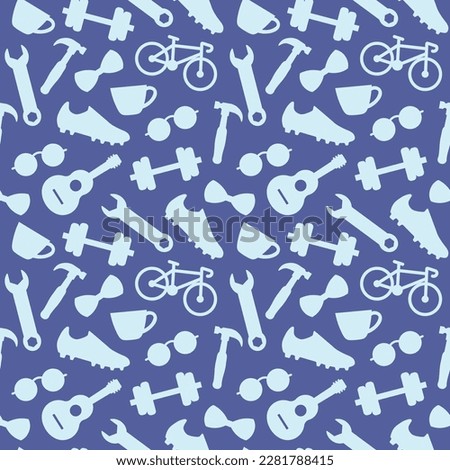 Father's Day seamless pattern with bow tie, eyeglasses, screwdriver, wrench, bike, guitar, coffee cup, soccer shoe, dumbbell, icons- vector illustration