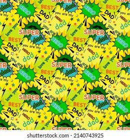  Father's day seamless pattern, comic book, pop art, retro 80s  style yellow color background