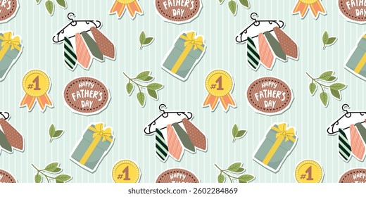 Father's Day seamless pattern with gift, green twig, medal number one, hanger with ties, sign with greeting. Striped background with cartoon object. Vector design for textile, wallpaper, cover.