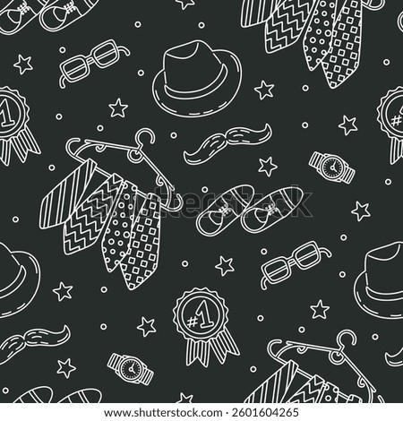 Father's Day seamless pattern with graphic men's accessories. Black white background with outlines elements.Ties on a hanger, medal number one, shoes, hat, glasses, wristwatch, mustache. Vector design