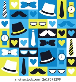 Fathers Day seamless pattern with hats, mustaches, glasses, ties, watches and hearts in blue, black and yellow tones. Playful hand drawn vector for greeting cards, wrapping paper and masculine designs