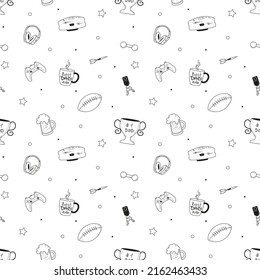 Father's day seamless pattern with male hobbies icons. Coffee, beer, games, sport, music items background. Vector doodle style illustration