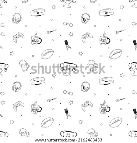 Father's day seamless pattern with male hobbies icons. Coffee, beer, games, sport, music items background. Vector doodle style illustration