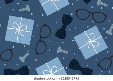 Dia dos Pais padrão sem emenda com presente, gravata borboleta, óculos, ícones de parafuso- ilustração vetorial