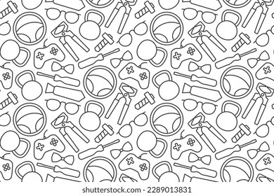Father's Day seamless pattern with steering wheel, bow tie, gaming pad, pincers, pincers, screw, tie, kettlebell, eyeglasses,  icons- vector illustration