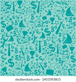 Father's Day seamless pattern with  tie, screwdriver, wrench, money, car, yacht, cryptocurrency, cup, icons. Good for textile fabric design, wrapping paper, website wallpapers, textile, wallpaper.  