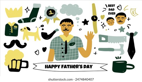 Father's Day set of clip art in flat style. Promotion and shopping template for love dad. Father's Day badges template. Men's clothing and accessories. Isolated vector illustration for holiday design