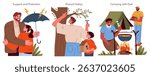 Fathers Day set depicting moments of bonding like support during a storm, shared hobbies, and camping experiences with dad.