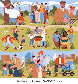 Fathers Day set. Family spending time together outdoors with dads and children playing soccer, grilling, building birdhouses, camping, walking in park, enjoying amusement rides. Vector illustration.