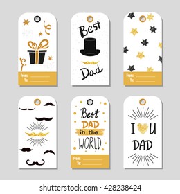 Fathers day set in gold and black. Collection of gift tags. Fathers day vector backgrounds. Best dad lettering. Sparkling cards, fathers day design. 