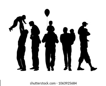 Fathers day set, group of family people vector silhouette illustration isolated on white background. Father and son.  Father carrying his son on shoulders, dad carrying little boy with balloon.