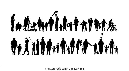 Fathers day set, group of family people vector silhouette isolated on white background. Father with son.  Father and daughter. Family values.  Little boy and girl with dad. Happy birthday concept.