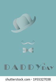 Father's day set. Hat, mustache, butterfly, headdress, text. Banner for barbershop.Vector illustration.