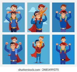 Father's Day, Set of illustrations showing fathers and sons dressed as superheroes. Dads holding their children on their shoulders, enjoying playful and happy moments