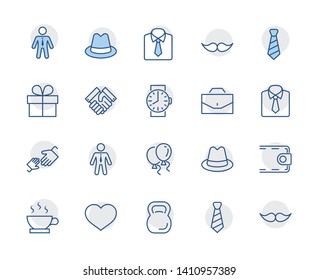 Father's Day Set Line Vector Icons. Contains such Icons as Mustache, tie, shirt, handshake, diplomat, hat, coffee, purse, gift, portfolio and more. Editable Stroke. 32x32 Pixel Perfect