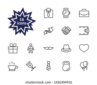 Father's Day Set Line Vector Icons. Contains such Icons as Mustache, tie, shirt, handshake, diplomat, hat, coffee, purse, gift, portfolio and more. Editable Stroke. 32x32 Pixel Perfect