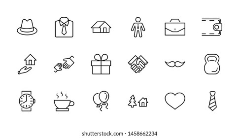 Father's Day Set Line Vector Icons. Contains such Icons as Mustache, tie, shirt, handshake, diplomat, hat, coffee, purse, gift, portfolio and more. Editable Stroke. 32x32 Pixel Perfect