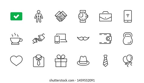 Father's Day Set Line Vector Icons. Contains such Icons as Mustache, tie, shirt, handshake, diplomat, hat, coffee, purse, gift, portfolio and more. Editable Stroke. 32x32 Pixel Perfect