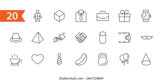 Father's Day Set Line Vector Icons. Contains such Icons as Mustache, tie, shirt, handshake, diplomat, hat, coffee, purse, gift, portfolio and more. Editable Stroke. 32x32 Pixel Perfect