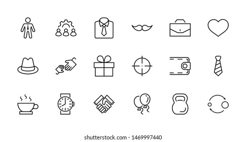 Father's Day Set Line Vector Icons. Contains such Icons as Mustache, tie, shirt, handshake, diplomat, hat, coffee, purse, gift, portfolio and more. Editable Stroke. 32x32 Pixel Perfect