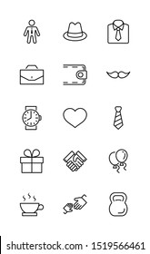 Father's Day Set Line Vector Icons. Contains such Icons as Mustache, tie, shirt, handshake, diplomat, hat, coffee, purse, gift, portfolio and more. Editable Stroke. 32x32 Pixel Perfect.