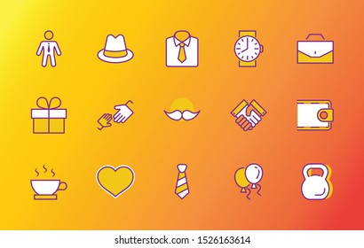 Father's Day Set Line Vector Icons. Contains such Icons as Mustache, tie, shirt, handshake, diplomat, hat, coffee, purse, gift, portfolio and more. Editable Stroke. 32x32 Pixel Perfect