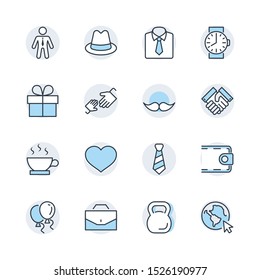 Father's Day Set Line Vector Icons. Contains such Icons as Mustache, tie, shirt, handshake, diplomat, hat, coffee, purse, gift, portfolio and more. Editable Stroke. 32x32 Pixel Perfect