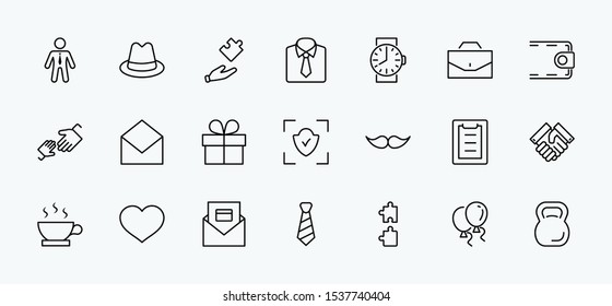Father's Day Set Line Vector Icons. Contains such Icons as Mustache, tie, shirt, handshake, diplomat, hat, coffee, purse, gift, portfolio and more. Editable Stroke. 32x32 Pixel Perfect.