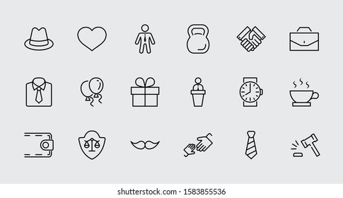 Father's Day Set Line Vector Icons. Contains such Icons as Mustache, tie, shirt, handshake, diplomat, hat, coffee, purse, gift, portfolio and more. Editable Stroke. 32x32 Pixel Perfect.
