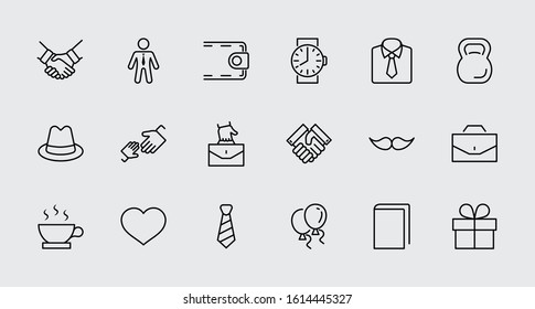 Father's Day Set Line Vector Icons. Contains such Icons as Mustache, tie, shirt, handshake, diplomat, hat, coffee, purse, gift, portfolio and more. Editable Stroke. 32x32 Pixel Perfect