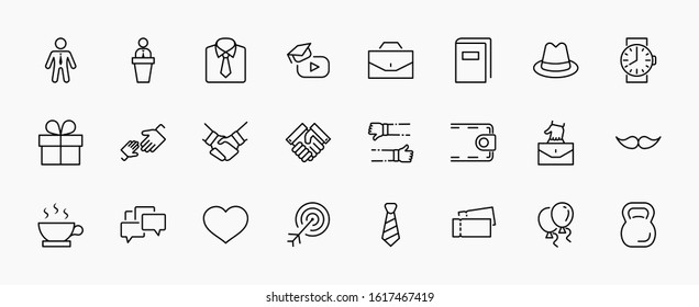 Father's Day Set Line Vector Icons. Contains such Icons as Mustache, tie, shirt, handshake, diplomat, hat, coffee, purse, gift, portfolio and more. Editable Stroke. 32x32 Pixel Perfect