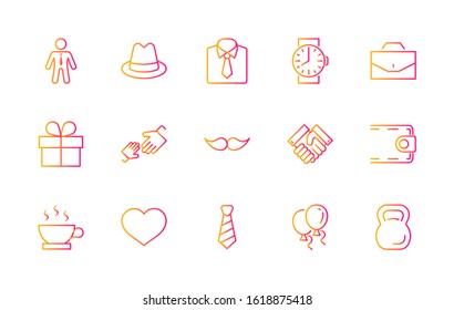 Father's Day Set Line Vector Icons. Contains such Icons as Mustache, tie, shirt, handshake, diplomat, hat, coffee, purse, gift, portfolio and more. Editable Stroke. 32x32 Pixel Perfect